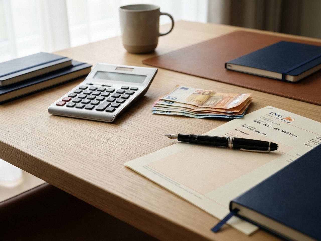 Rekenmachine, euro biljetten en bankafschrift met IBAN op een werkbureau